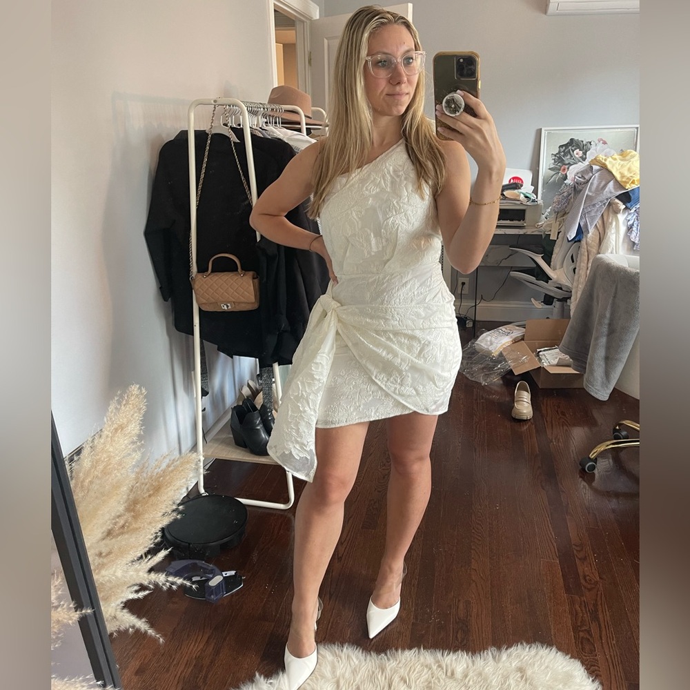 Showpo Brailey one shoulder wrap front mini dress in white jacquard